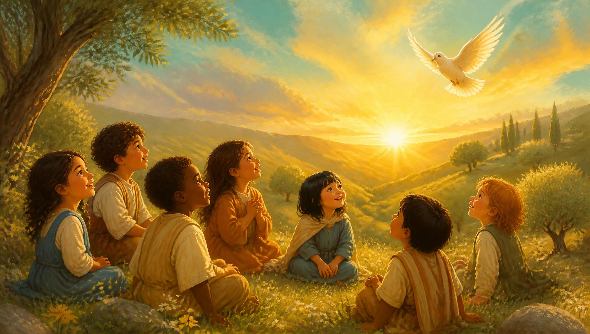 Children sitting on a hillside at sunrise watching a dove fly overhead